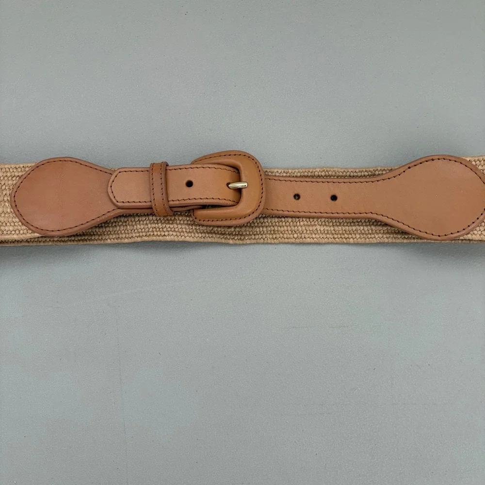 Banana Republic Tan Woven Straw Leather Trim Stretch Waist Belt Small Boho